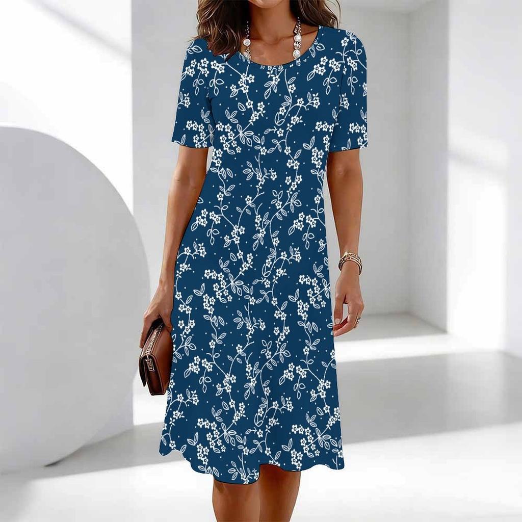 Moda damska Eleganckie piękne kwiatowe nadruki Lato Wiosna Krótki rękaw O-Neck Sukienki codzienne