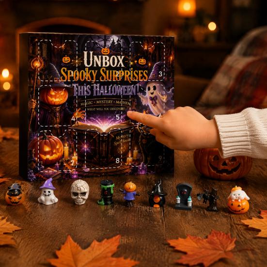 Creative Holiday Scene Decor Halloween Advent Calendar with 9 Mini Resin Figures, Day Spooky Countdown Gift Box To Calendar, Surprise Collectible