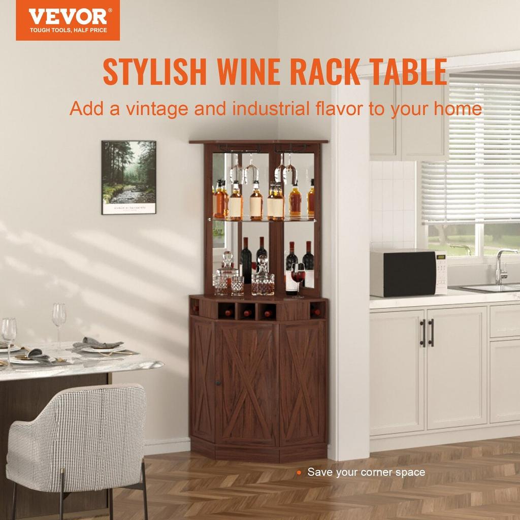 Corner Industrial Bar Cabinet, Wine Table for Liquor & Glasses, Sideboard Buffet Cabinet with Glass Holder, Freestanding Farmhouse Wood Coffee Bar