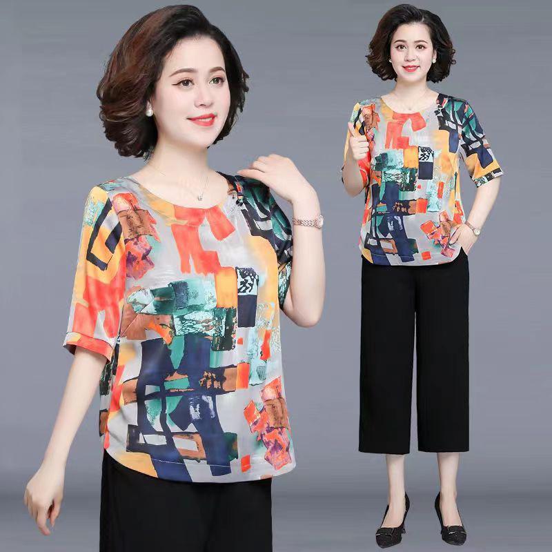 Western Style Suit Ice Silk Blouse Middle-aged and Elderly Women's Printed Short-sleeved Shirt