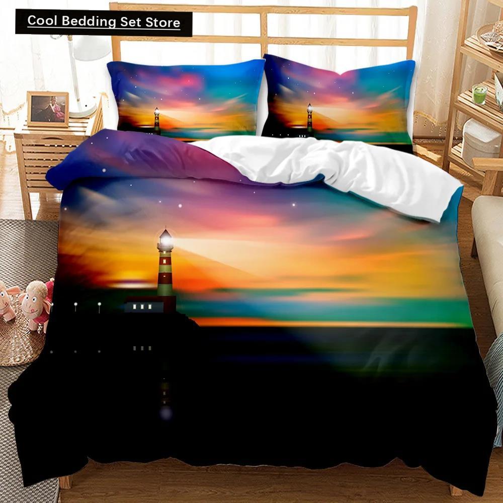 Lighthouse Duvet Cover Ocean Comforter Cover Nautical Quilt Cover Sunset Nature Double Queen King Size Polyester Bedding Set