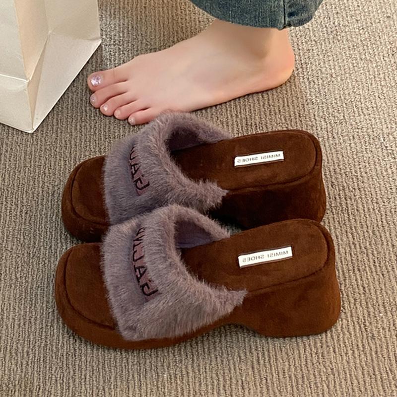 Fur High Heels Women Slippers Leopard Elegant Shoes Heeled Sandals  Autumn Luxury  Slides Party Pumps Snow Mujer Botas