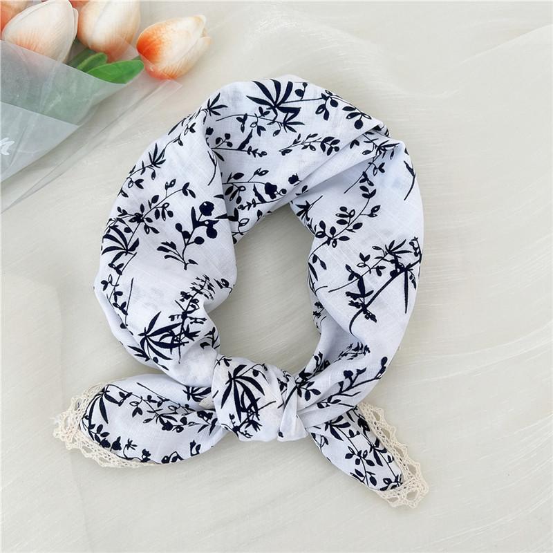 Cotton Linen Lace Edge Square Scarves 60cm Kerchief Neckerchief Bandanas Women Casual Neck Scarf Plaid Print Geometric Pattern
