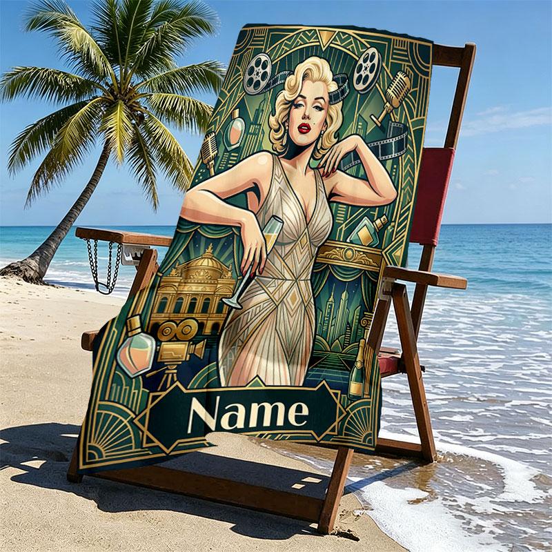 Custom Name Personalized Marilyn Monroe Print Beach Towel, for Trip Camping Beach Party Home Decor, Birthday Gift for Family & Friends