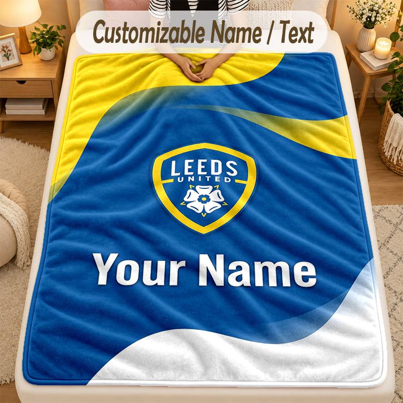 Flannel BlanketLeeds United Custom Name Text Personalized Soft Warm Throw Blanket Home Decor Gift