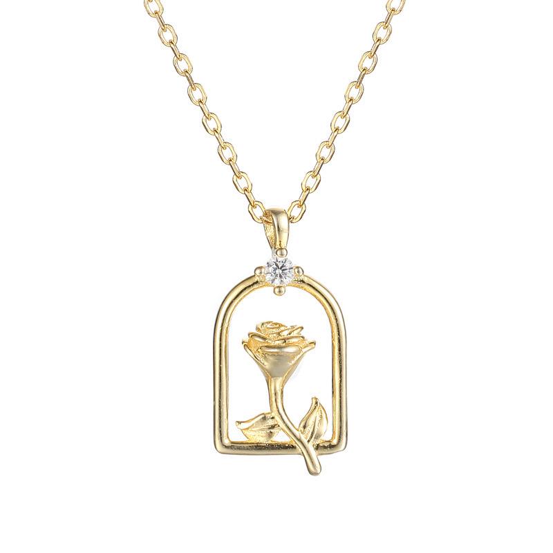 14K Gold-Plated S925 Sterling Silver Rose Necklace - Elegant French Collarbone Chain for Women