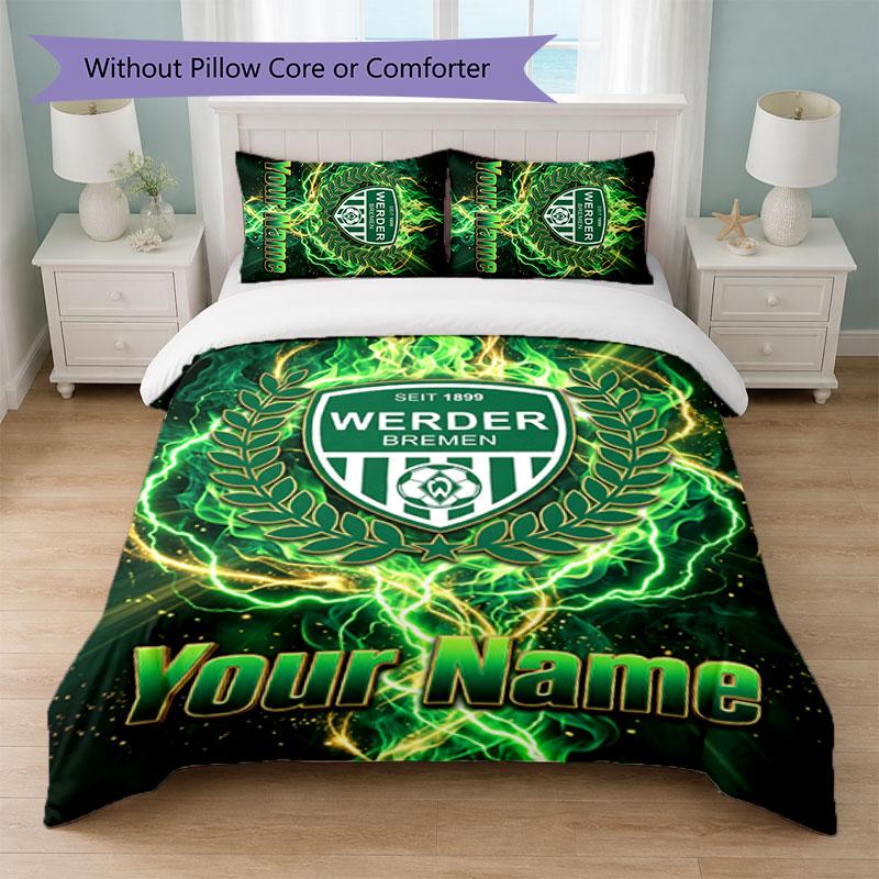 Set Biancheria da Letto Personalizzato Werder Bremen FC con Nome Testo 1 Copripiumino+2 Federe Logo Calcio Regalo Personalizzato per Occasioni Speciali Decorazione Camera da Letto