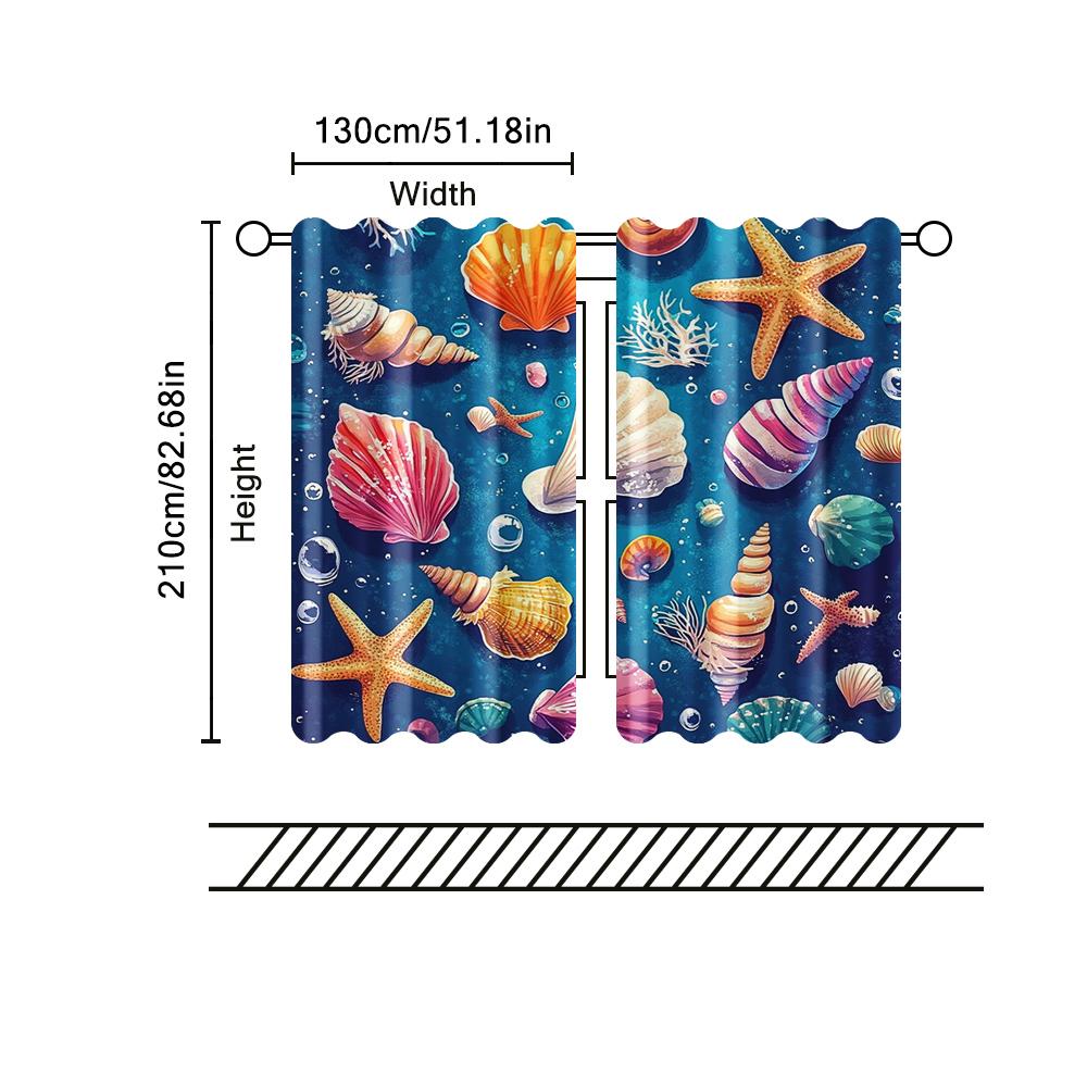 2 pcs, filtering curtains (excluding rods, non-movable, without batteries) Colored starfish and shells in blue for use in