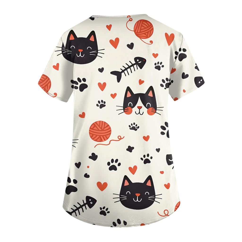 Women's Casual Short-Sleeve Cute Animal Print V-Neck Pocket Workwear Top