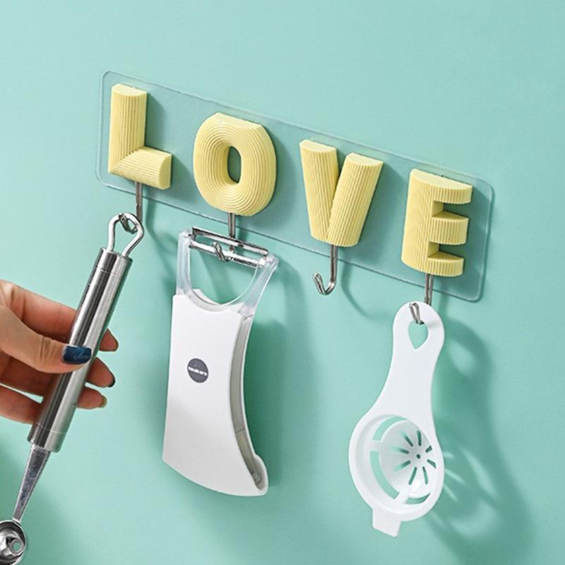 4PCS Cute Hook Strong Viscosity Cartoon LOVE shape Hooks Plastic Punch-Free Key Hook Door Dormitory Available Lovely Decoration