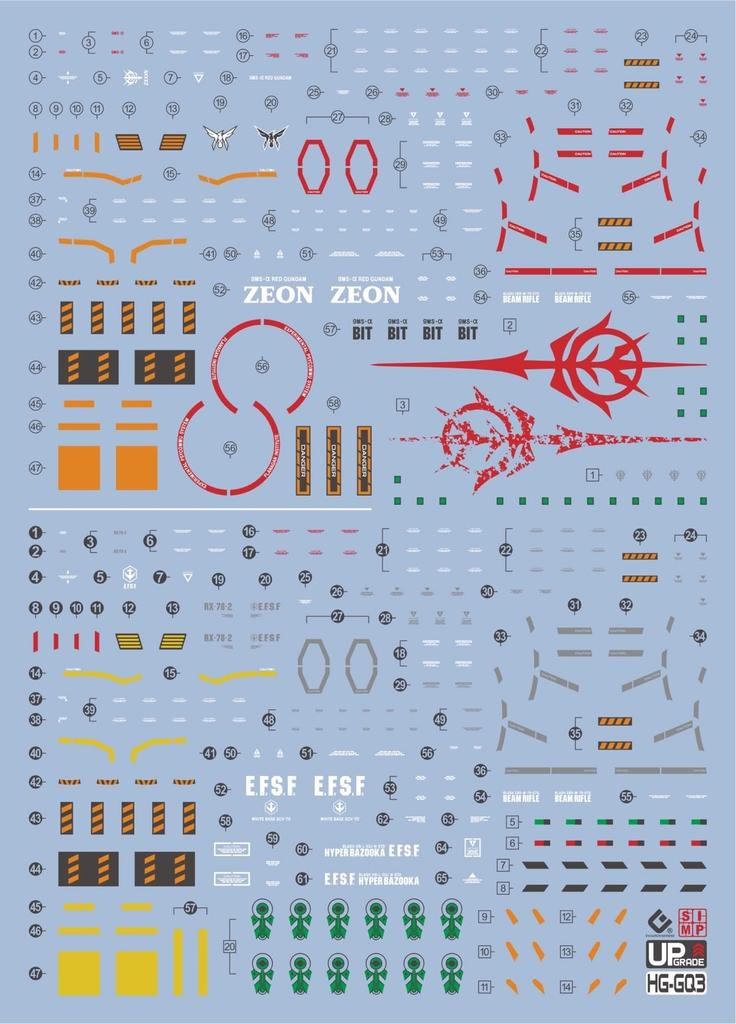 Fluorescent Water-slide Decals for HG, RG, EG, MG, PG, RE, HiRM Robot MS Detail Up (for HG 1144 GQuuuuuuX White Gundam & Red Gundam) [Used]