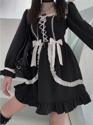 Bow Japanese Kawaii One Piece Dress Women College Style Casual Lolita Dress Female Harajuku Long Sleeve Short Sweet Dress 2024 New
