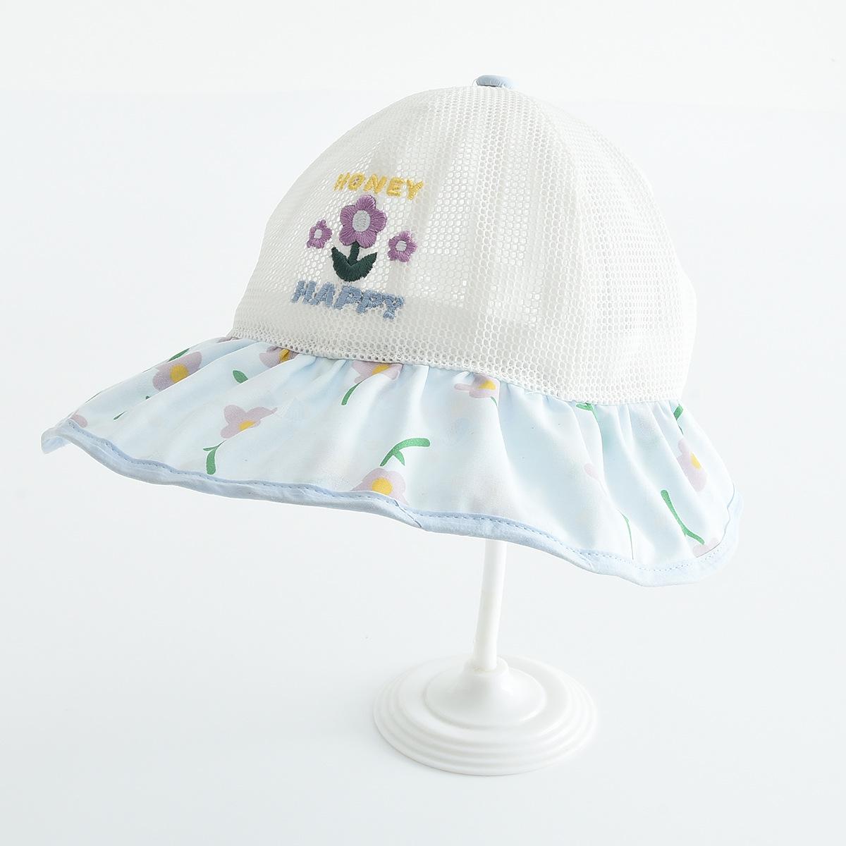 Kids  Embroidered Floral Mesh Bucket Hat - Breathable Outdoor Sun Hat for Students 52 cm circumference светло-синий