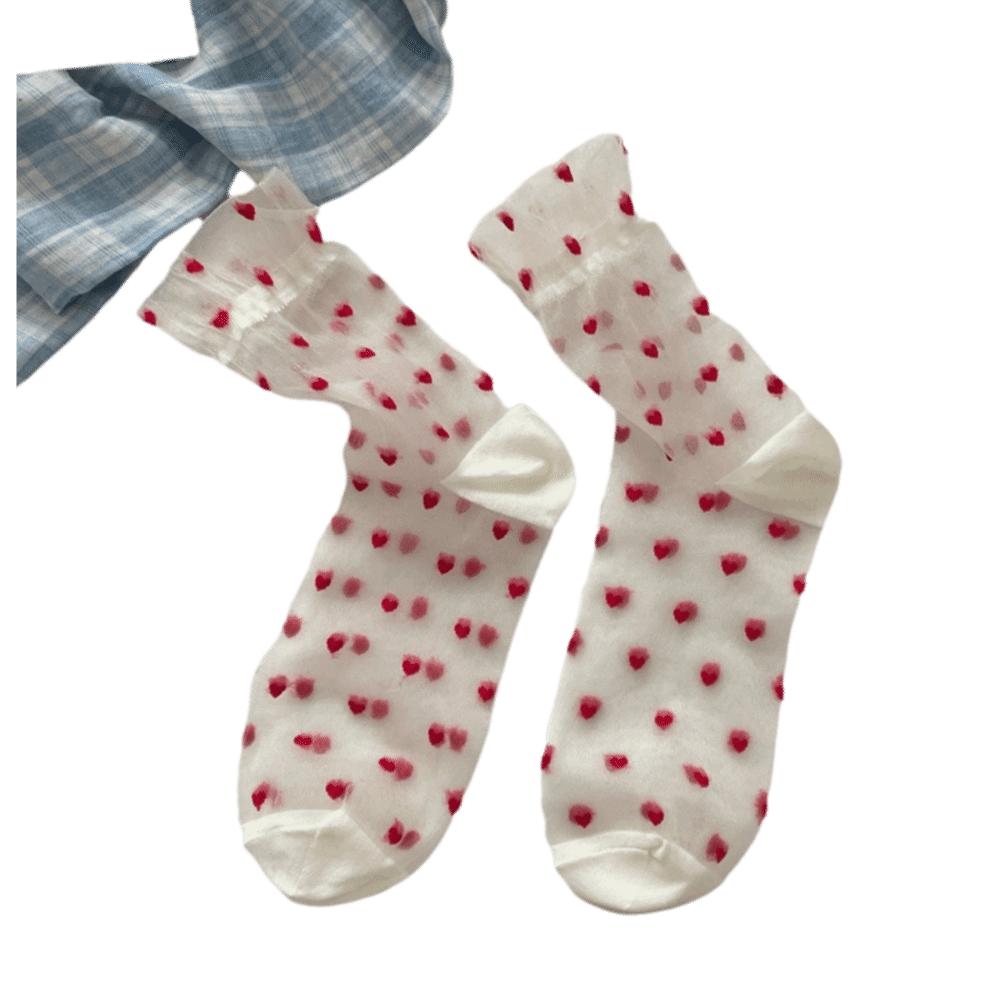 1pair Transparent Heart Print Socks Ultra-thin Mesh Medium Tube Socks Crystal Silk Socks  Women