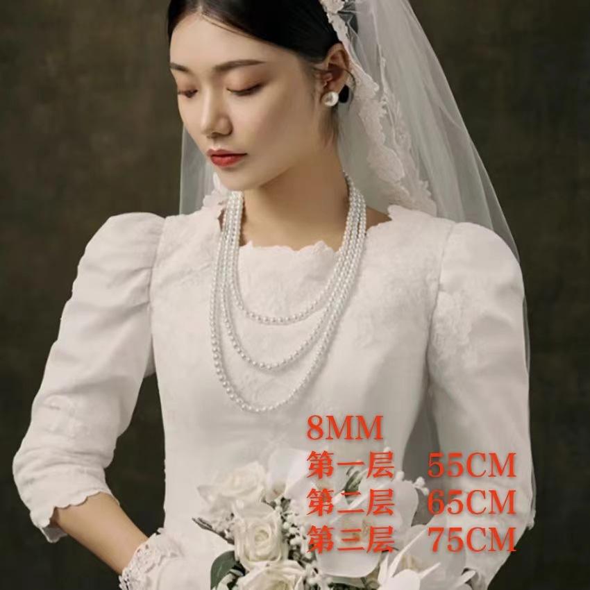 French design sense three-layer glass pearl long necklace sweater chain with small fragrant style retro gentle long necklace