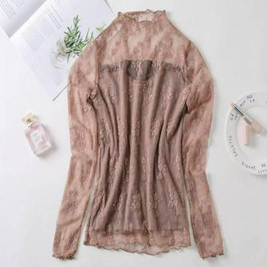 Damen Langarm Spitzen-Mesh-Top - Vielseitig, Trendy, Koreanischer Stil, Plus Samt Modisches Elasthan für Herbst/Winter.