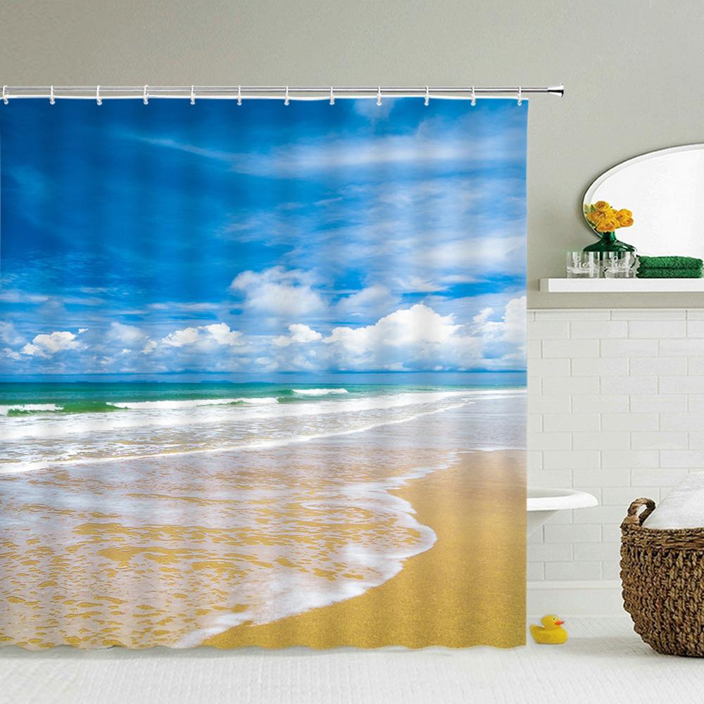 3d Beach Scenery Shower Curtains Sea Ocean Mediterranean Bathroom Curtain Waterproof Cloth Decoration 180*240cm Bath Curtain