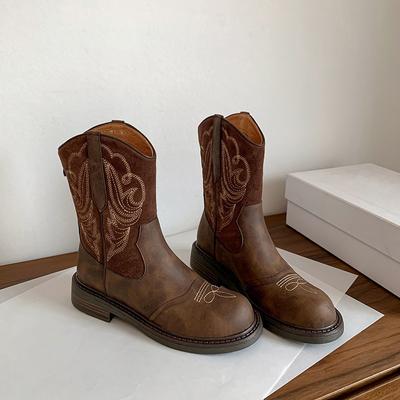 Winter New Vintage Brown Women Cowboy Boots Women Embroidered Square Toe Brown Long Boots Chunky Mid Calf Women Shoes