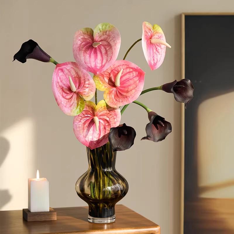 Simulation Flamingo Lily Bouquet Flower Leaves Fake Green Plant Anthurium Flower Arrangement Wedding Party Garden Decoration