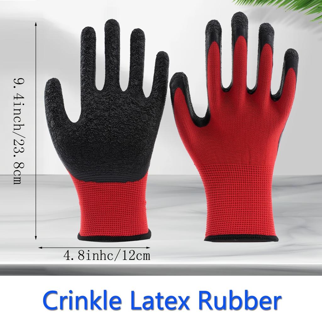 12 Pairs Crinkle Latex Work Gloves for Men & Women, Construction, Gardening, Landscaping Safety