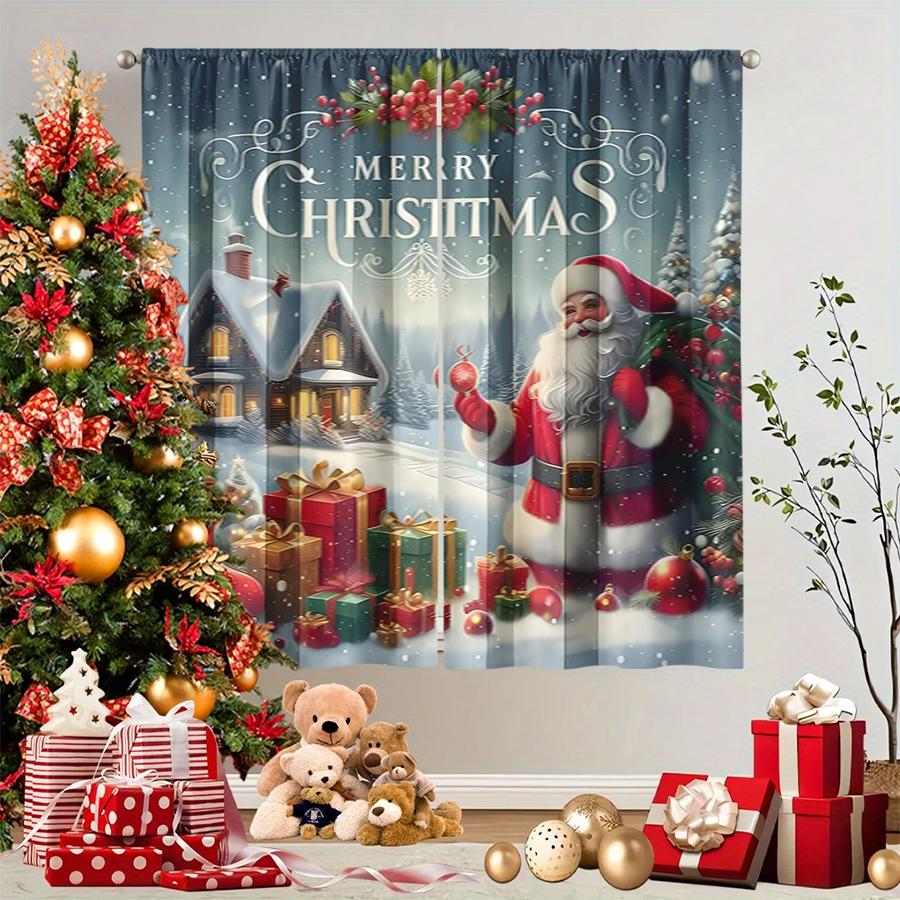 2PCS Blue Santa Claus Christmas Print Curtains, Winter Cottage House Gift Box Window Drapes for Xmas Holiday Bedroom Decor