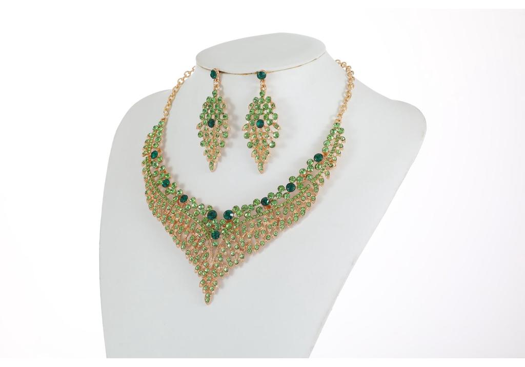 Alloy Clavicle Chain Crystal Gem Necklace & Earring Set - European & American Retro Evening Party Accessories