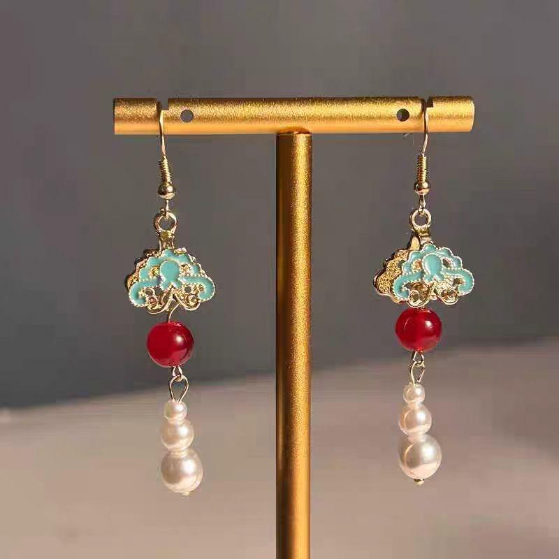 New New Chinese antique red beaded auspicious cloud pearl ear hook premium Hanfu cheongsam earrings
