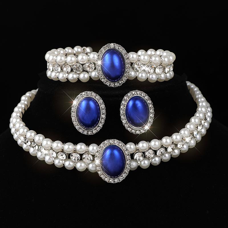 Vintage Parel Strass Bruids Ketting Oorbellen Set Cheongsam Nekketting Sleutelbeenketting Set Meerlaagse Parelsieraden Dames