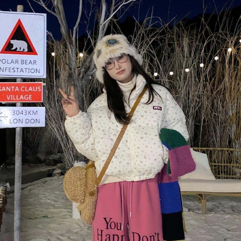 New Floral Short Cotton-padded Clothes for Women, Sweet Cotton-padded Jackets In Winter, Thickened Design Sense, Warm Jacket Tide