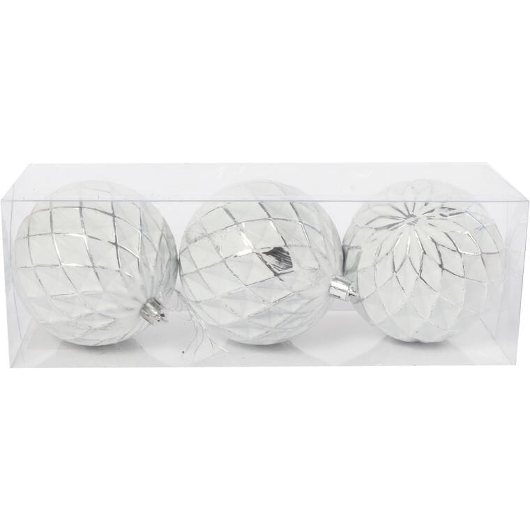 Set of 3 plastic baubles with decoration, 8 cm, white