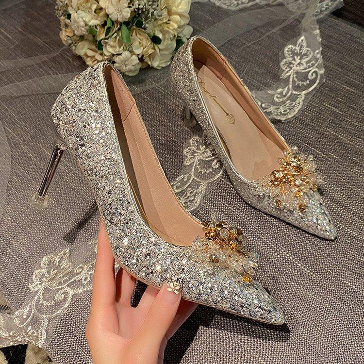 Champagne Gold Two in One Thin High-heeled Bridal Wedding Shoes Crystal Shoes Wedding Dress High Heels Women's Pumps