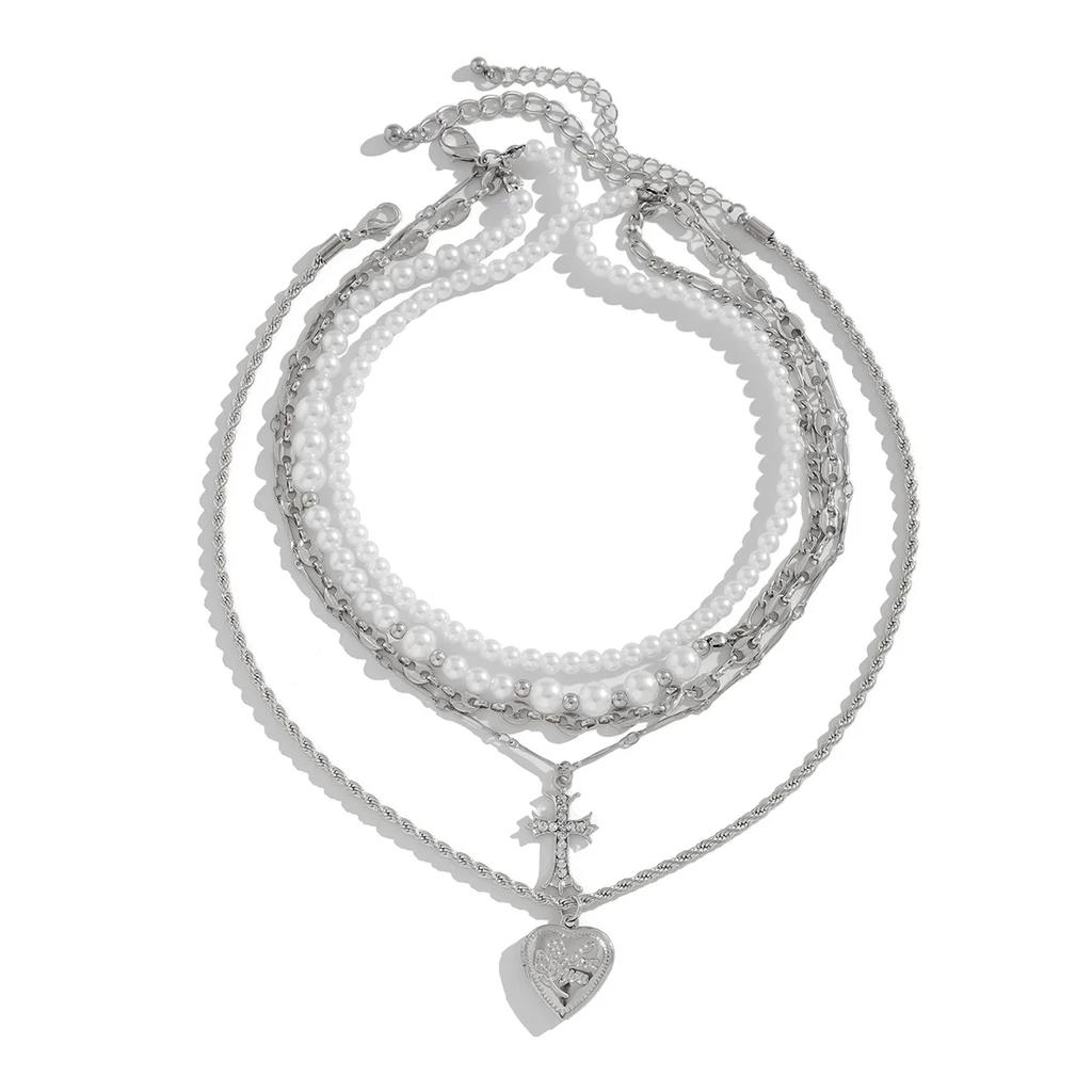 Stylish Pearl Beaded Clavicle Chain Women's Stainless Steel Necklace Piece Set Peach Heart Multi-layer Alloy Jewelry on the Neck