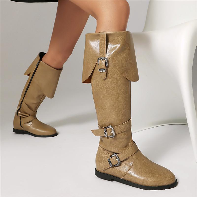 Women's Flat Boots Autumn and Winter New Solid Color Belt Buckle Decorative Large Size Roman Medium Boots