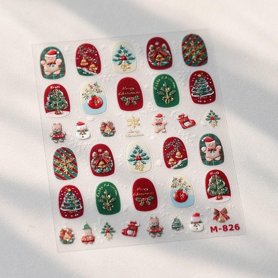 Romantic Christmas Tree Nail Art Stickers: Snowman, Gingerbread Man, and More Merry Christmas Bear [1 sheet]
