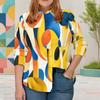 Women Plus Size Multicolor Geometric Printed Collared Long Sleeve Button Front Curved Hem Shirt