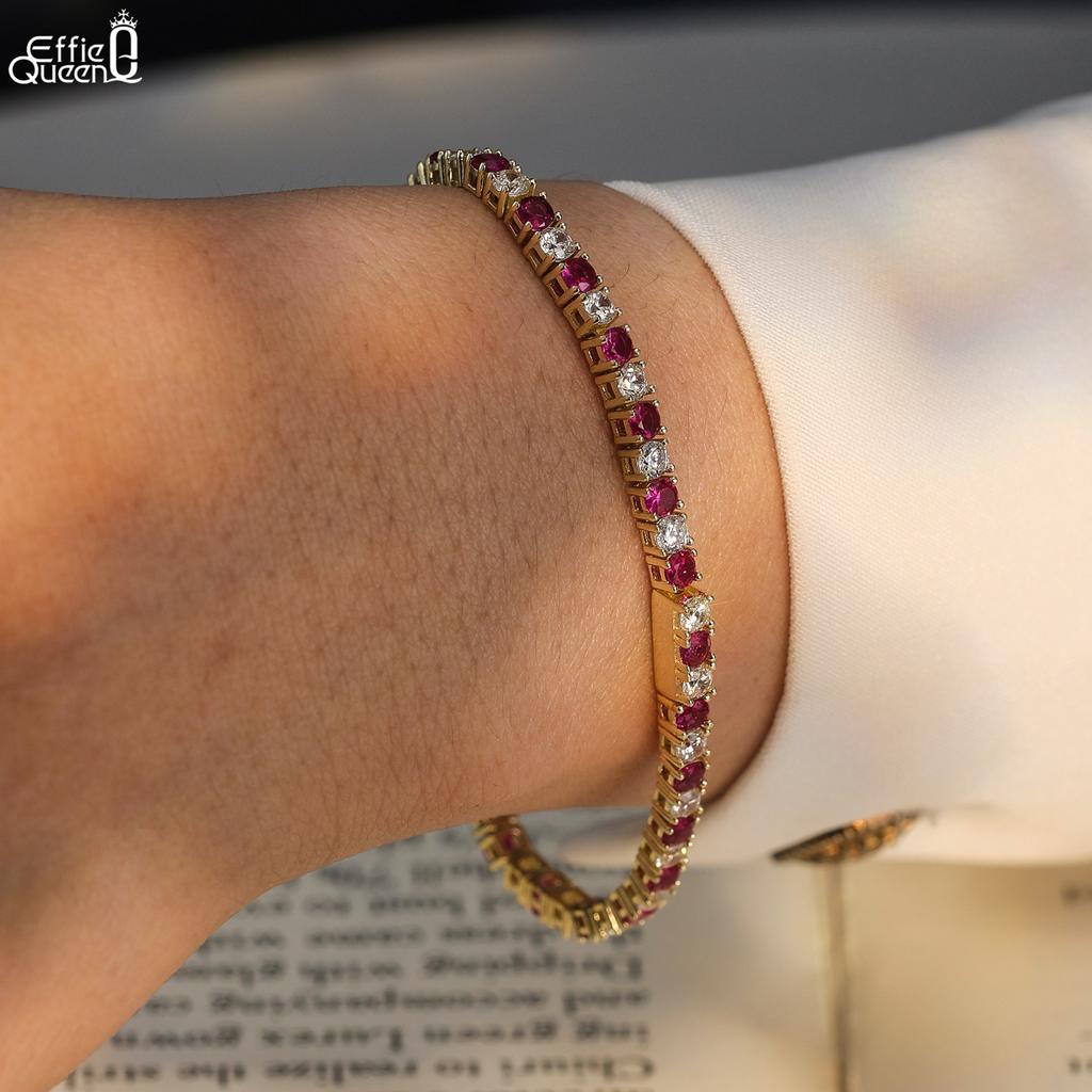 EFFIE QUEEN 3mm Pavé Roter Rubin Rundschliff Tennisarmband 925er Sterlingsilber Zirkon Diamant Armbänder Hochzeits Schmuck Geschenk SB138
