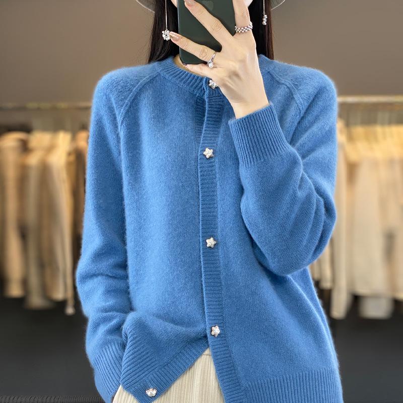 Women's 100% Cashmere Solid Color Cardigan - Round Neck, Long Sleeve (Autumn/Winter 2024)