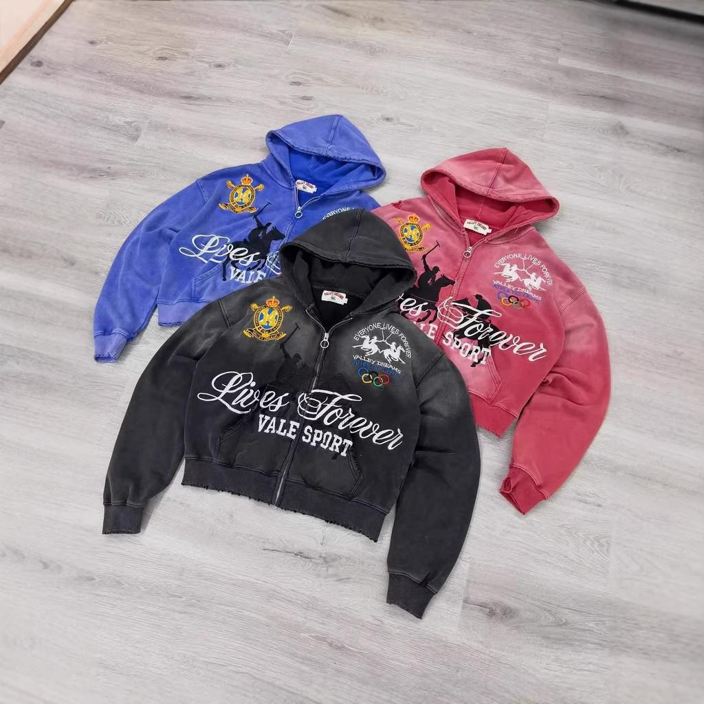 Vintage distressed hooded zipper sweatshirt for men and women, fur hem, heavy print loose, slimming American jacket