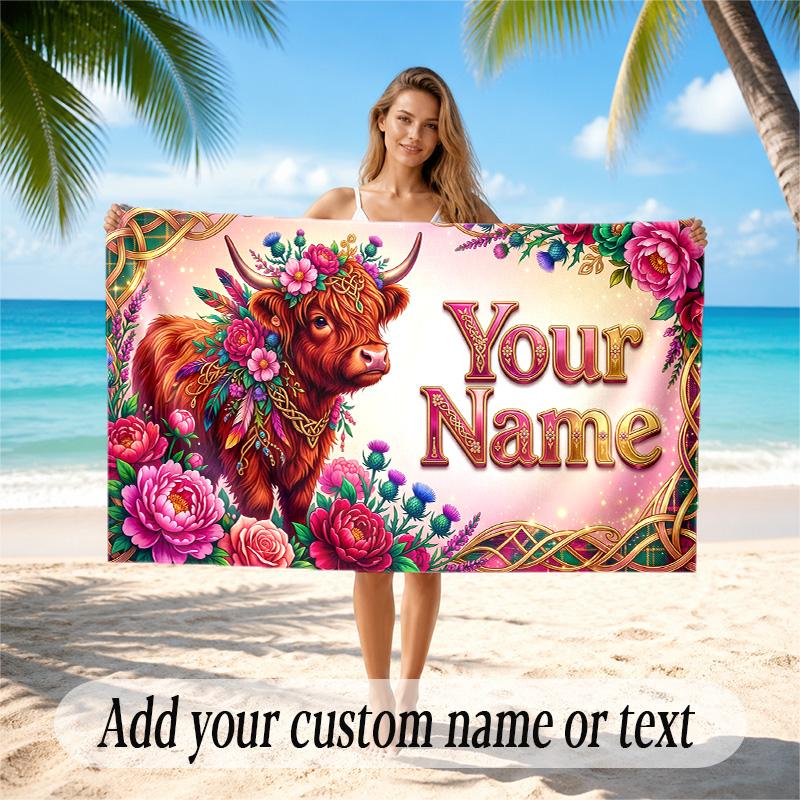 Highland Cow Theme Quick Dry Beach Towel Custom Name Text Print Large Sand Resistant Towel Beach Vacation