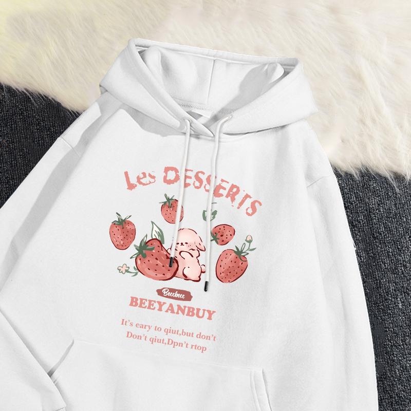 Cute Strawberry And Rabbit Printed Sweatshirt Pocket Soft Warm Breathable Pullover Autumn Winter Hoody