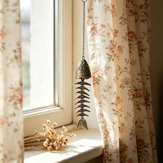 Fish Skeleton Windchime Vintage Metal Fish Bone Wind Chime Outdoor Hanging Bell with Soothing