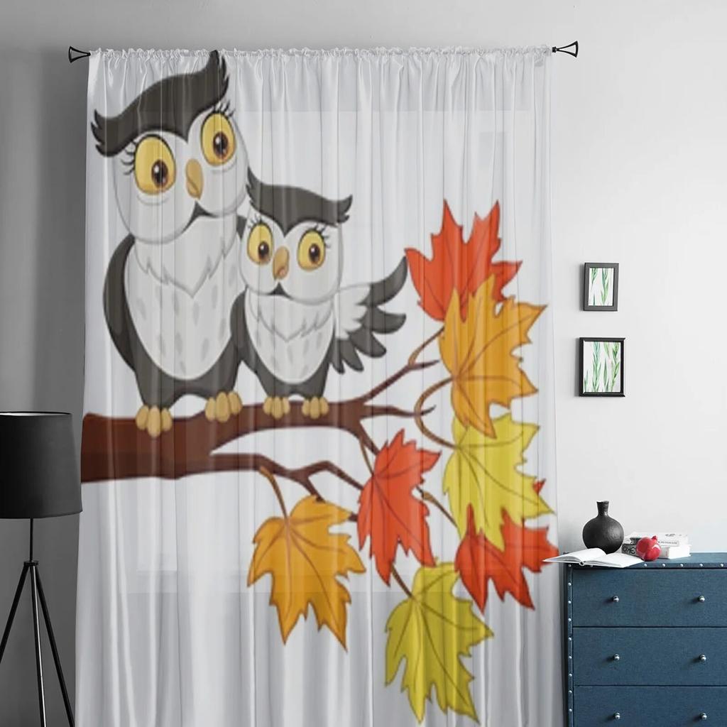 Urocza Sowa na Gałęziach Drzewa Przezroczyste Zasłony do Salonu Pokoju Dziecięcego Tiulowe Zasłony Obróbka Okna Kuchennego Draperie