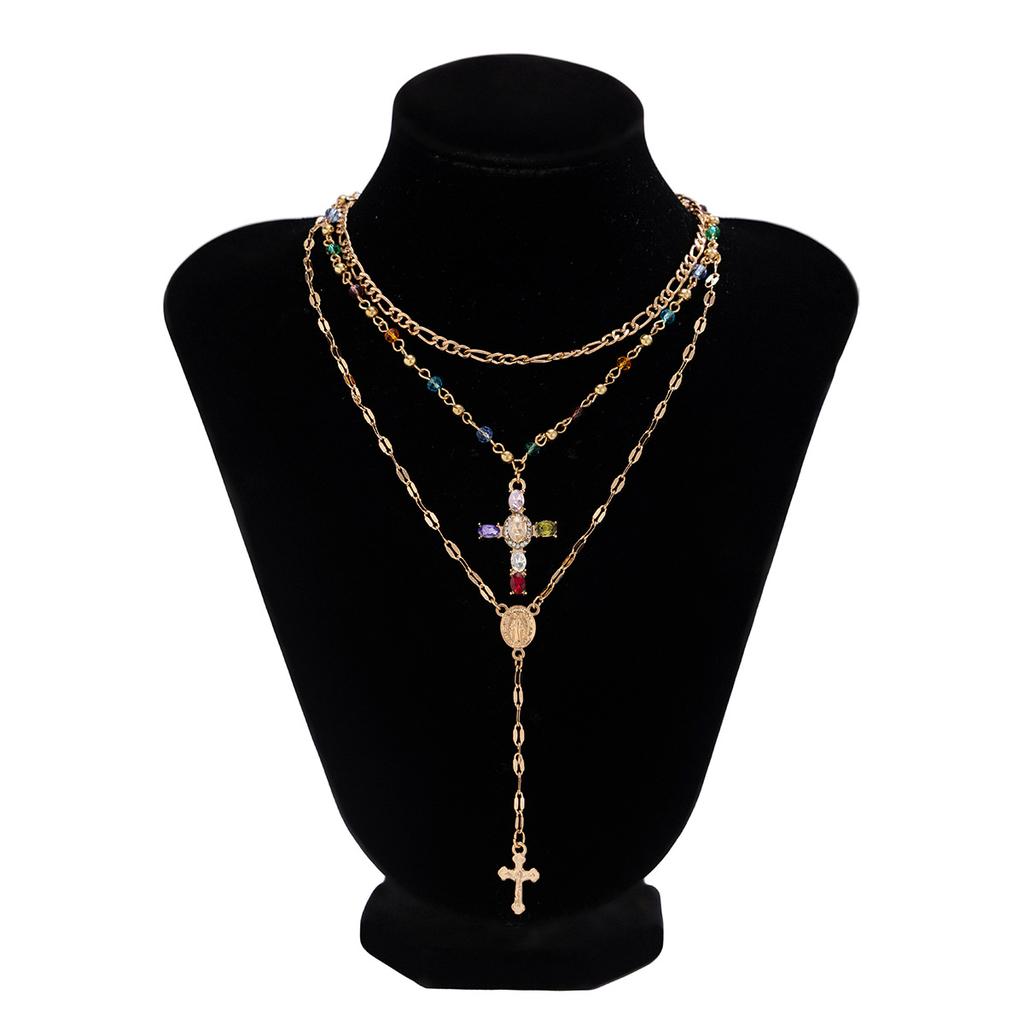 3Pcs/Set Colorful Crystal Cross Pendant Necklace for Men Hip Hop Adjustable Choker Collar Chain Christian Jewelry Accessories