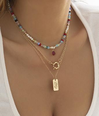 Accessories, Retro Ethnic Beaded Necklaces, Simple Imitation Crystal Portrait Relief Multi-layer Necklaces for Women