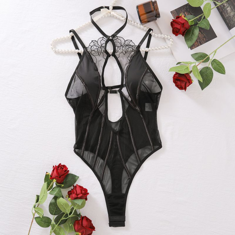 

Outfitgirl New Black See-through Thin Embroider Mesh Sexy Tight Jumpsuits Suspenders Jumpsuit Shorts Black S