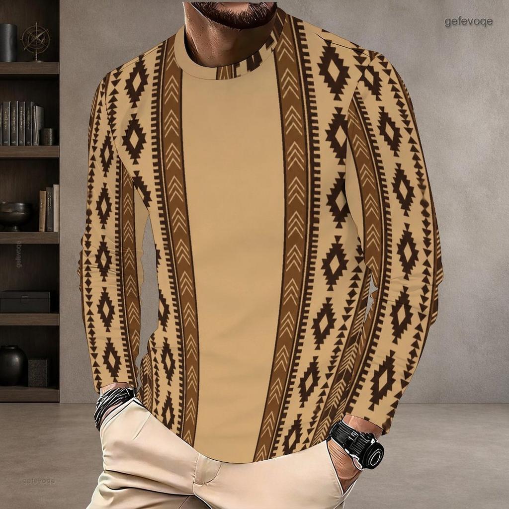 Men Plus Size Round Neck Long Sleeve Geometric Printed Blue Straight Hem T Shirt