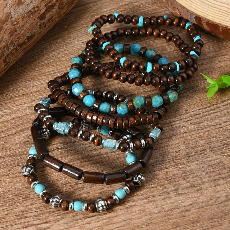7-Piece new wooden bead turquoise men's and women's bracelets are suitable for daily wear by men and women