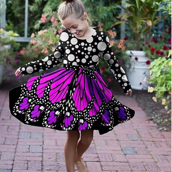 

Повседневное платье для девочек с принтом в виде бабочки в виде 3D-точек, круглым вырезом и длинными рукавами, детское платье принцессы 150