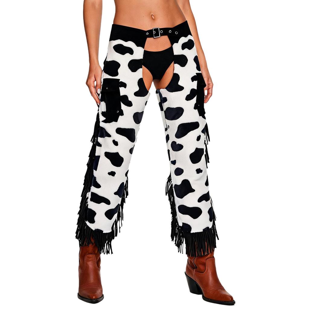 Cowboy Fringe Chaps Pants Cow Pattern Flannel Tassel Patchwork Adjustable Waist Trousers for Men Western Vintage Party Outfit