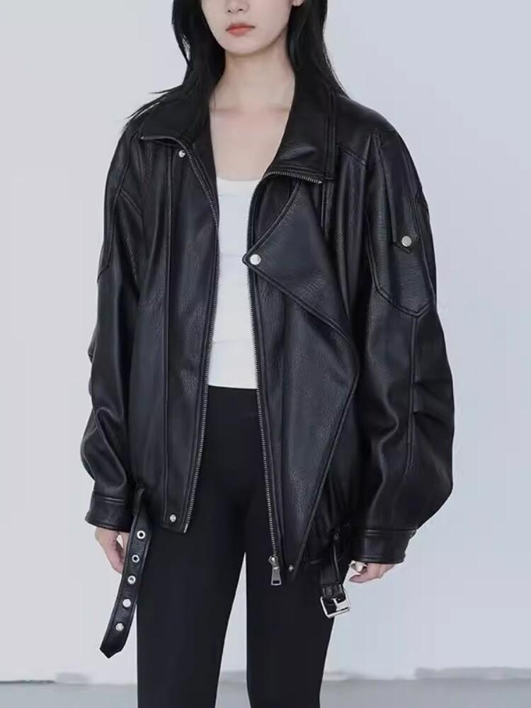 Retro Stand Collar Motorcycle PU Leather Jacket - Autumn/Winter Hong Kong Style, Loose and Versatile Outerwear